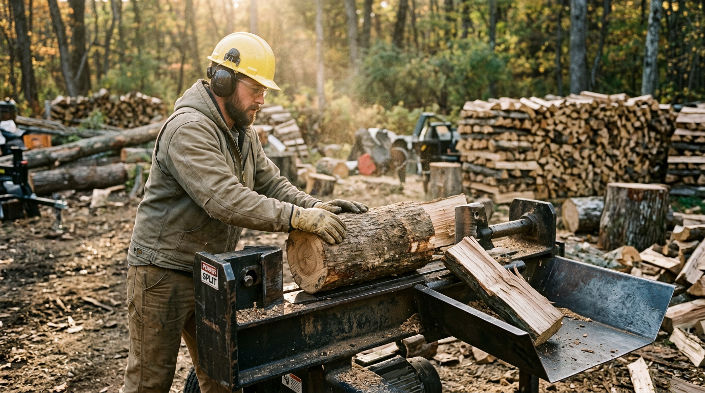 DR RapidFire log splitters: Worker in safety gear feeding a log into a kinetic log splitter at a forestry work site with stacked firewood
