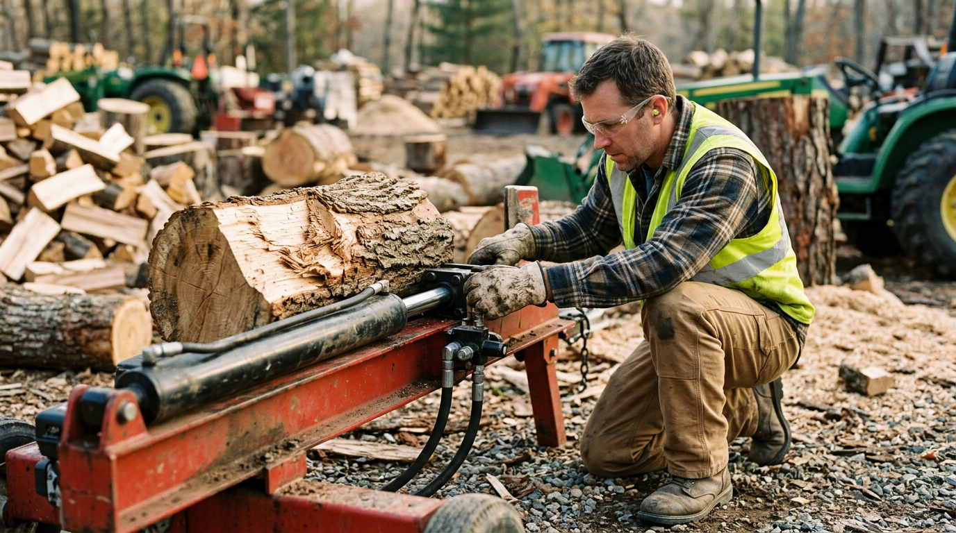 Technician inspecting the hydraulic cylinder and hoses of a gas-powered log splitter in a forestry equipment yard